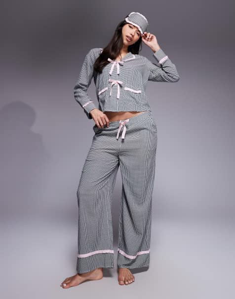 River Island - Gingham pyjamaset met kraag met ruches in zwart - view 1