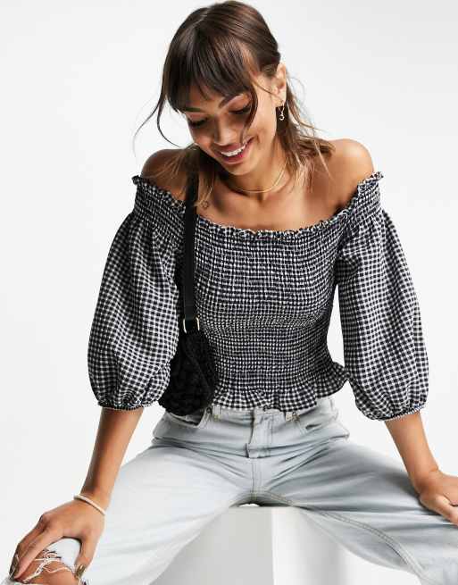 River Island gingham shirred bardot top in black