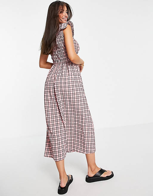 Dresses River Island gingham shirred midi dress with collar in pink 