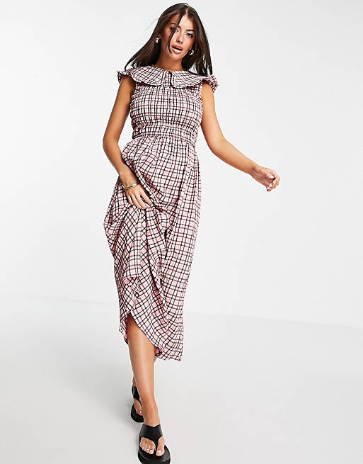 Dresses River Island gingham shirred midi dress with collar in pink 