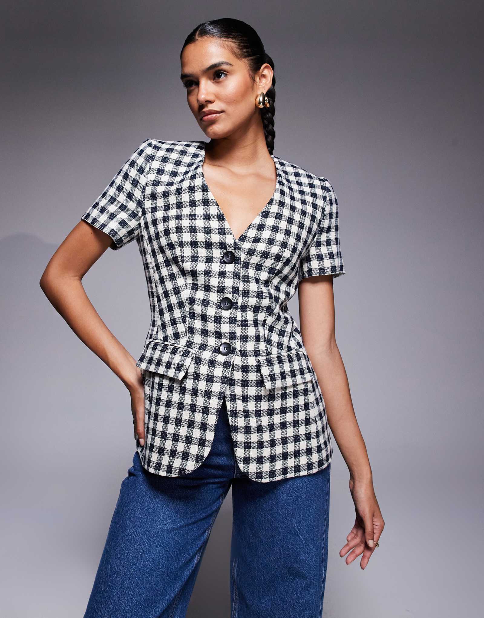 Черная клетчатая куртка с короткими рукавами River Island 