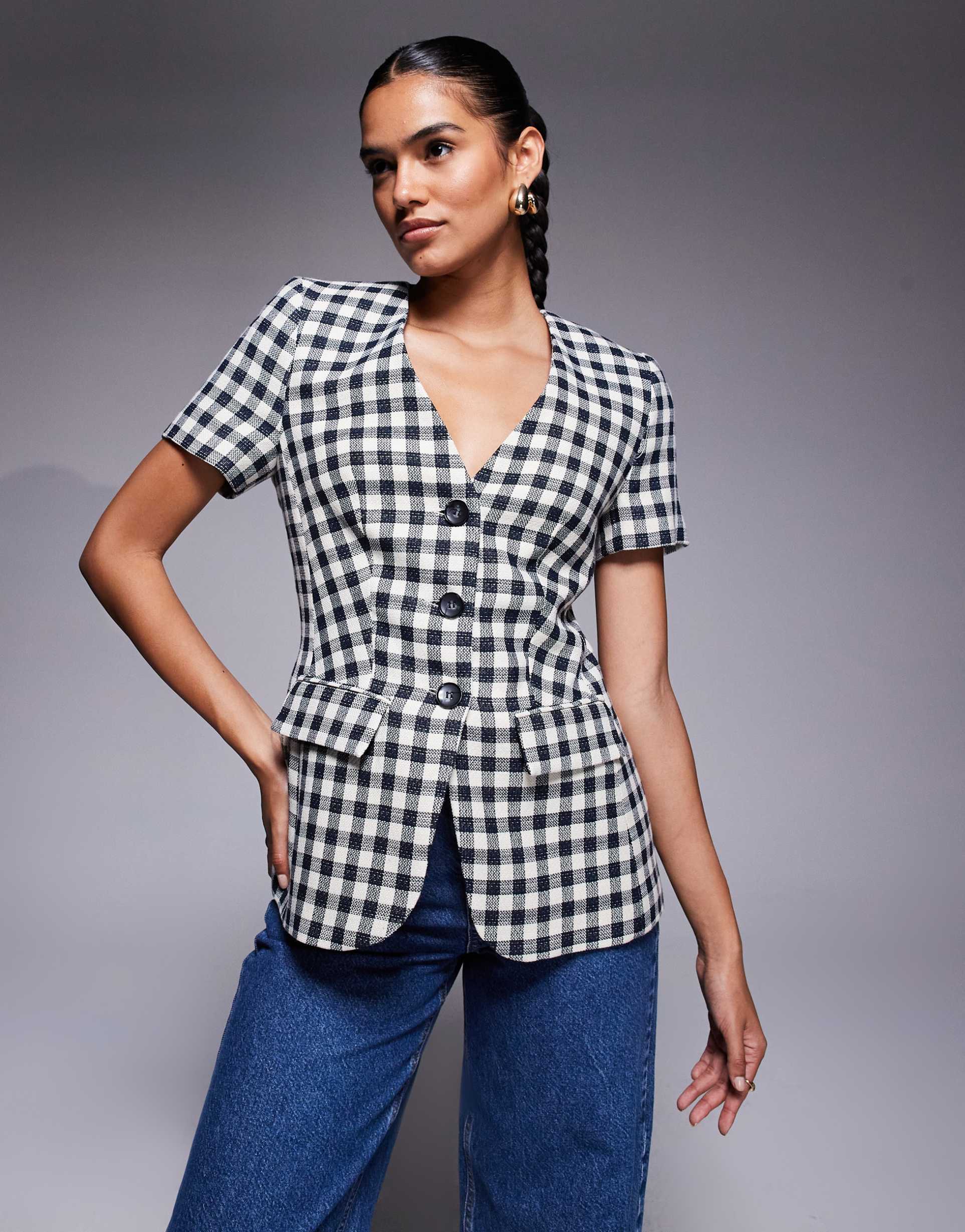 river island gingham short sleeved jacket in black