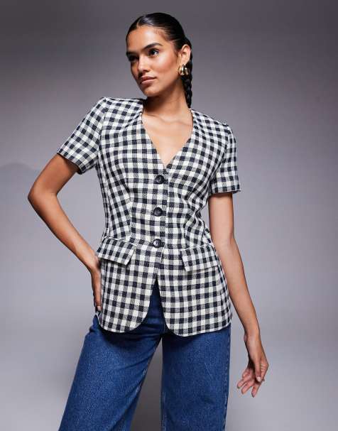 River Island gingham short sleeved jacket in black 