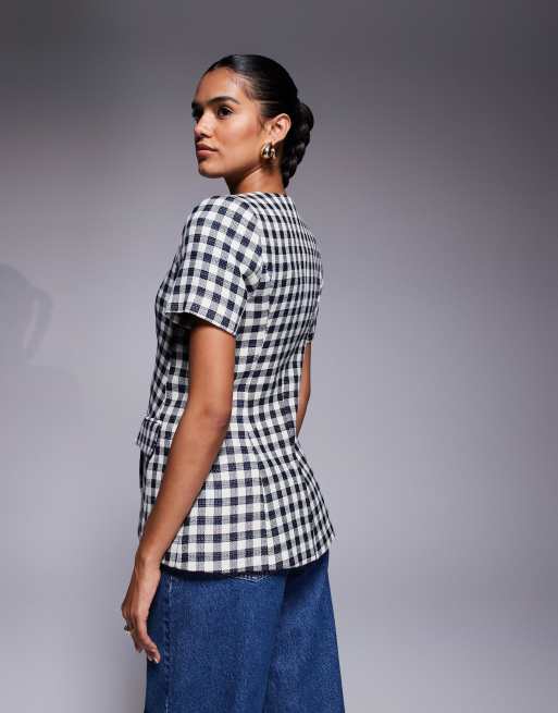 River Island gingham short sleeved jacket in black , 2 of 4
