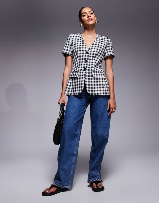 River Island gingham short sleeved jacket in black , 3 of 4