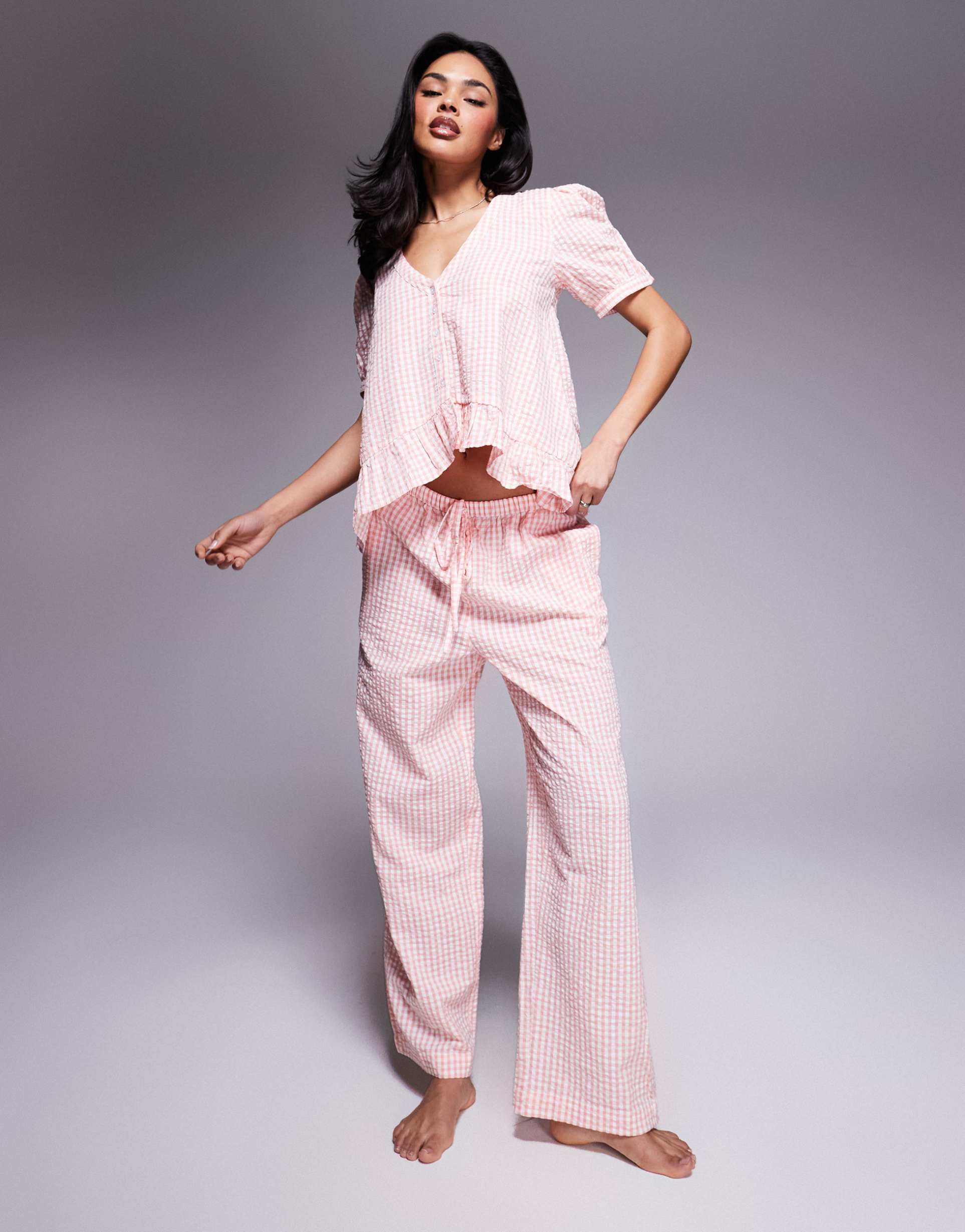 river island gingham swing pajama set in pink