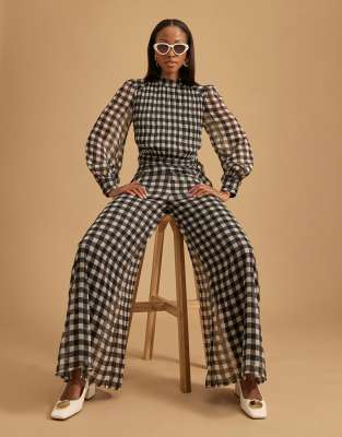 River Island Gingham wide leg trousers in black