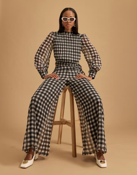River Island Gingham wide leg trousers in black - view 1