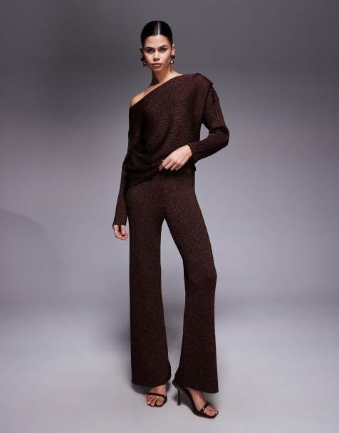 River Island glitter wide leg pant loungewear in brown - part of a set - view 1