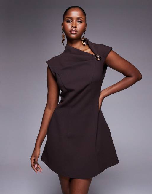 River Island gold detail drape mini dress in brown, 4 of 4