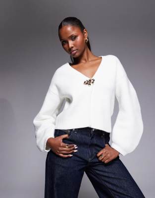 River Island Gold Detail Knit Cardigan In White