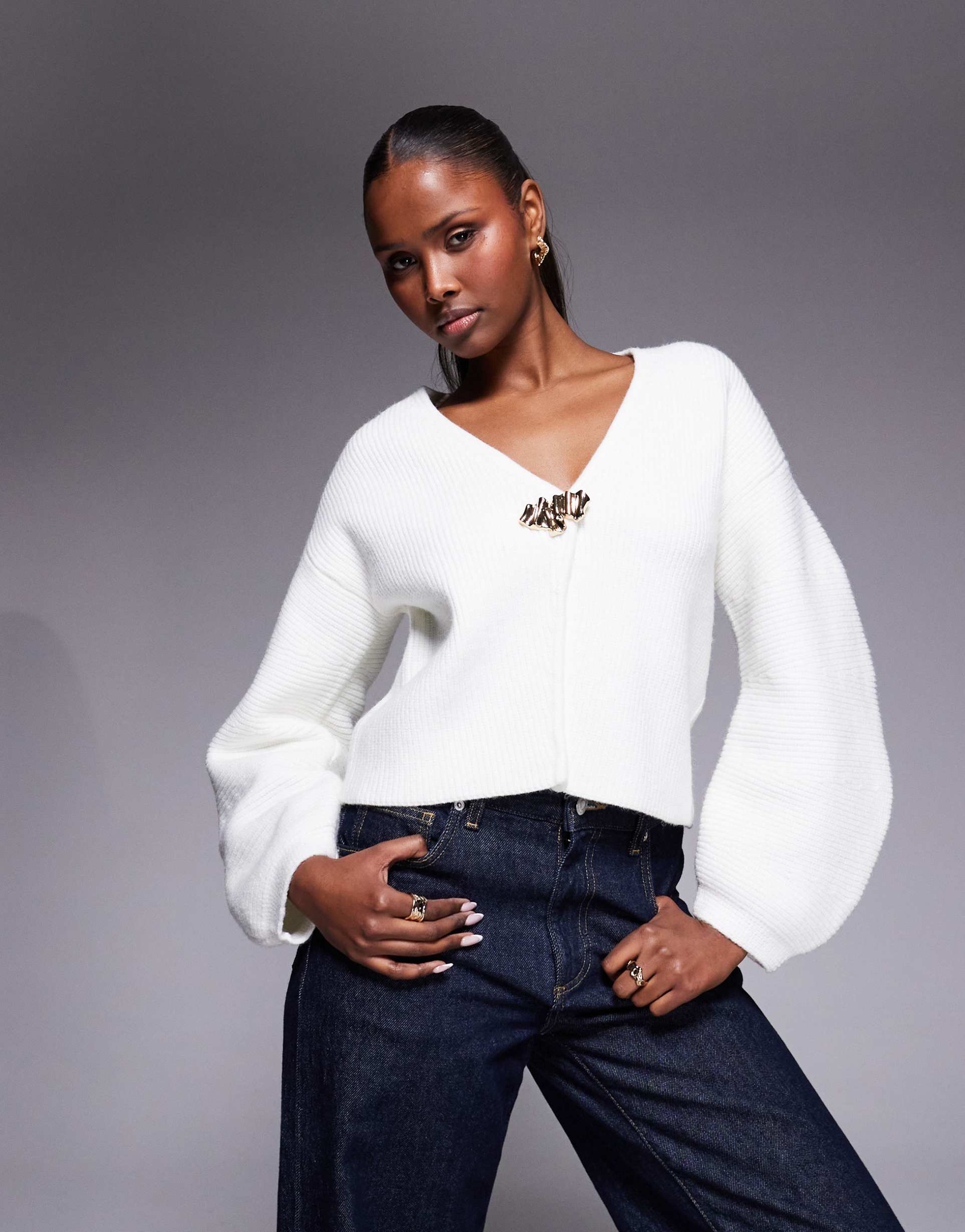 river island gold detail knit cardigan in cream