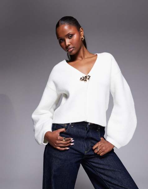 River Island gold detail knitted cardigan in cream