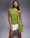 [River Island] River Island gold hardware scarf neck top in green L GREEN