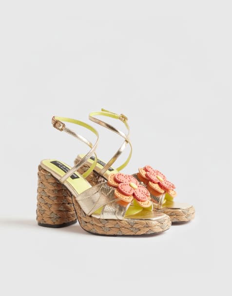 River Island Gold raffia heel flower sandals in multi colour - view 1