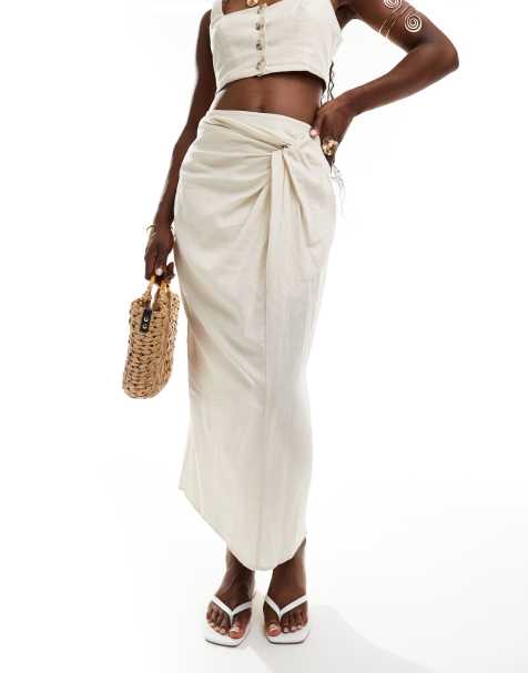 River Island - Gonna longuette avvolgente in lino beige - view 1