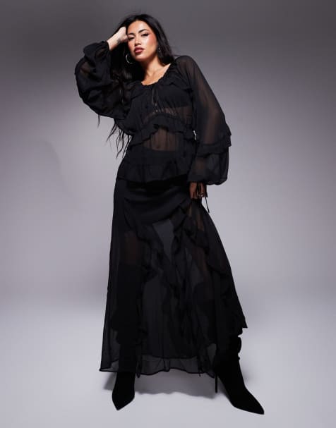 River Island - Gonna lunga in chiffon color nero con volant - view 1