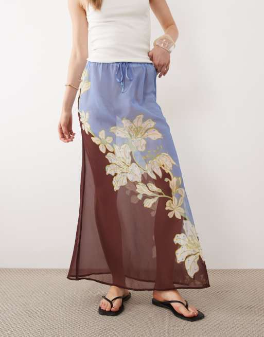 River Island - Gonna lunga marrone a fiori, 2 di 5