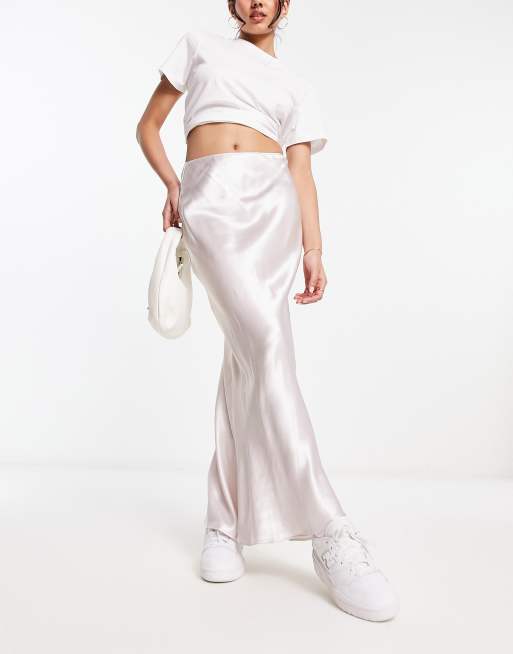 River Island - Gonna midi in raso argento con taglio asimmetrico