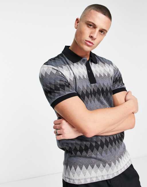 River Island – Grå, argylemönstrad, smal pikétröja