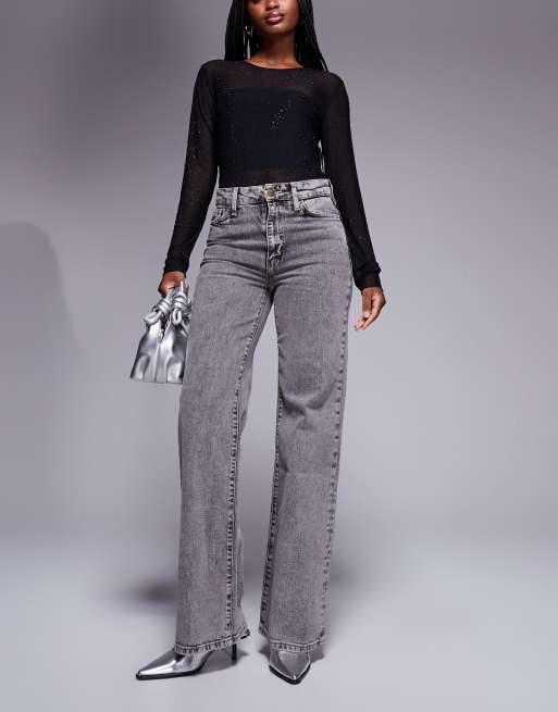 River Island – Grå jeans med vida ben och avtagbart skärp