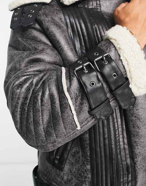 River Island – Grå pilotjacka i krackelerad fårskinnsimitation, 4 av 4