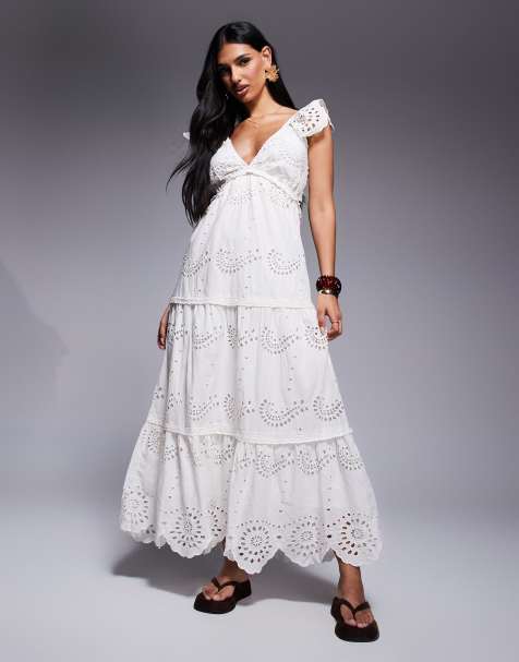 River Island – Gräddvit midiklänning i broderi anglaise - view 1