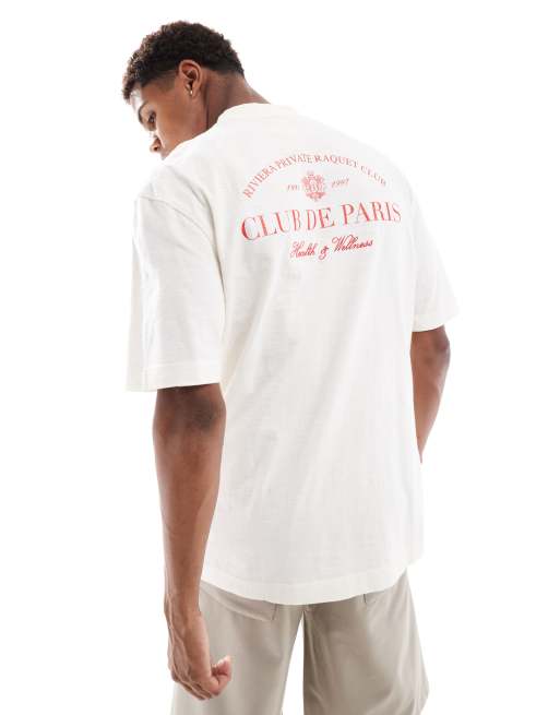 River Island – Gräddvit t-shirt med 'Club De Sports'-tryck