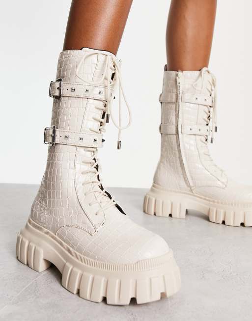 River Island – Gräddvita grova och höga boots med dubbla spännen, 2 av 4