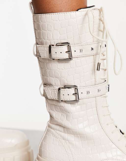 River Island – Gräddvita grova och höga boots med dubbla spännen, 3 av 4