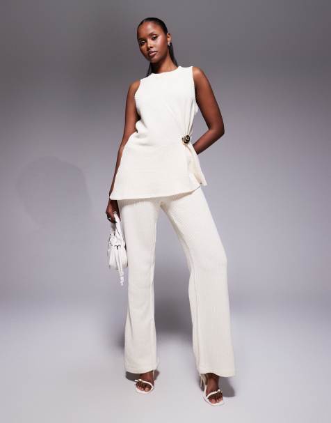 River Island – Gräddvita vida byxor med struktur, del av set - view 1