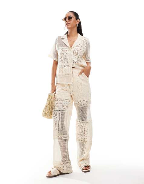 River Island – Gräddvita virkade byxor med lappad design, del av set - view 1