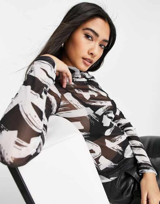 River Island graffiti mesh top in black
