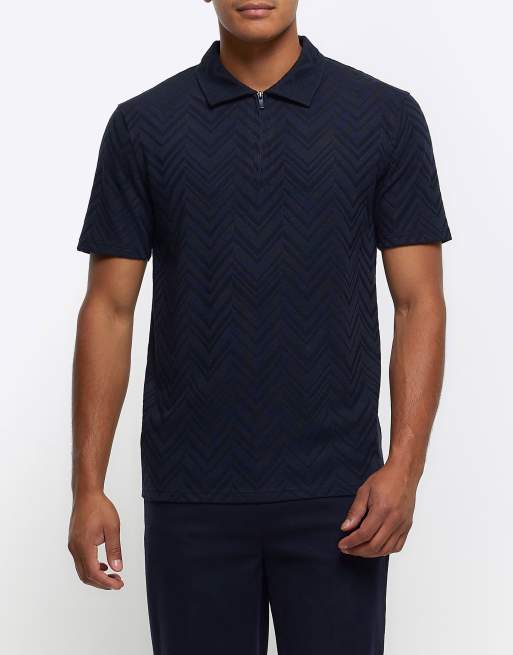 River Island – Granatowa koszulka polo z krótkim rękawem ze wzorem w jodełkę