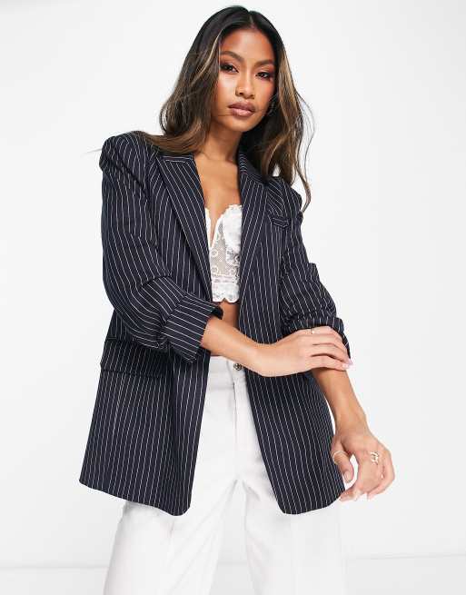 River Island – Granatowa marynarka o kroju dad w prążki