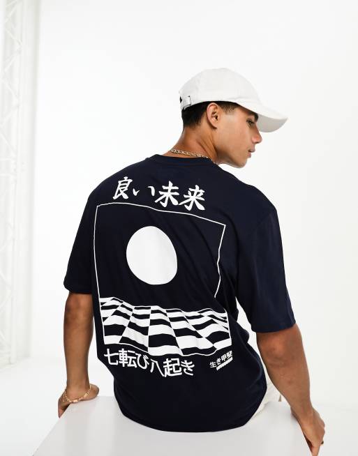 River Island – Granatowa T-shirt z nadrukiem z japońskim motywem na plecach