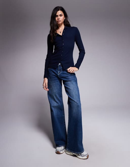 River Island – Granatowy prążkowany top zapinany na guziki, 2 z 4
