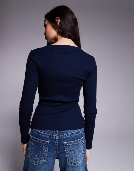 River Island – Granatowy prążkowany top zapinany na guziki, 3 z 4