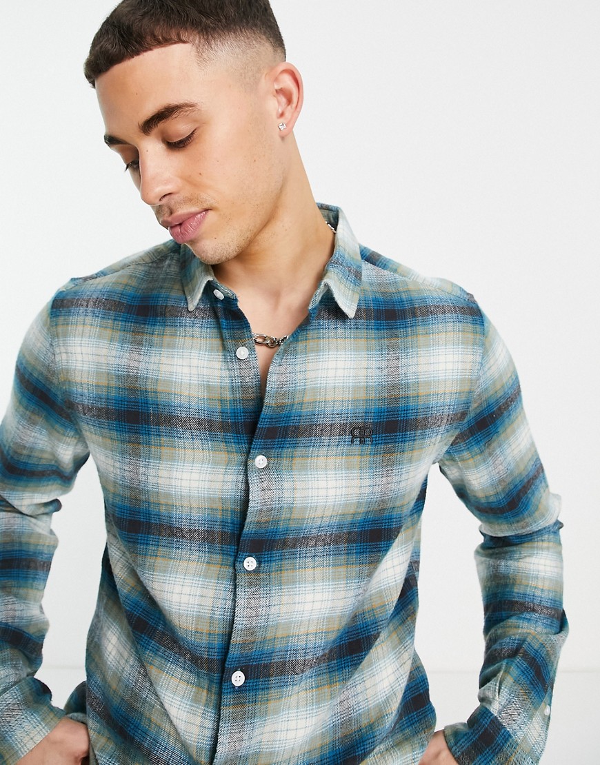 River Island graphic check slim fit shirt in blue-Blues