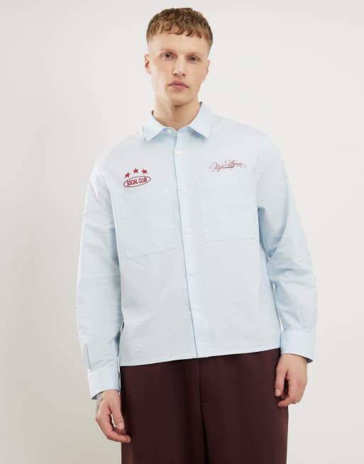 River Island graphic detail striped shirt in light blue, 2 of 4