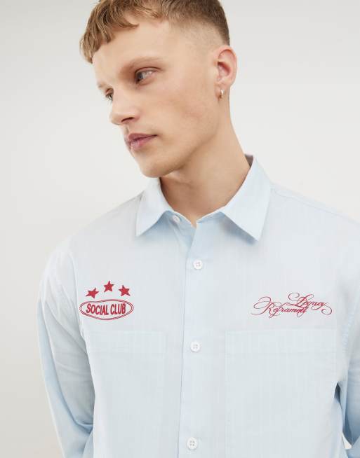 River Island graphic detail striped shirt in light blue, 3 of 4