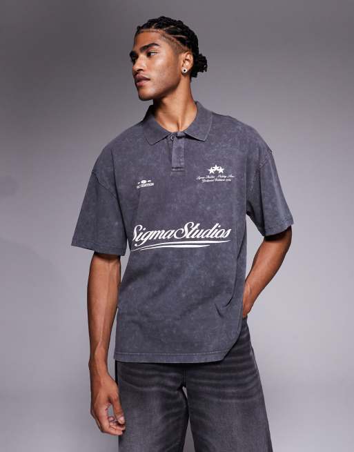River Island graphic washed polo top in gray
