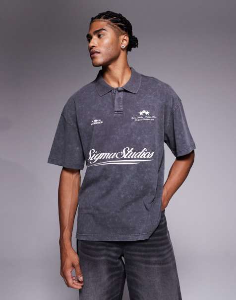 River Island graphic washed polo top in grey - view 1