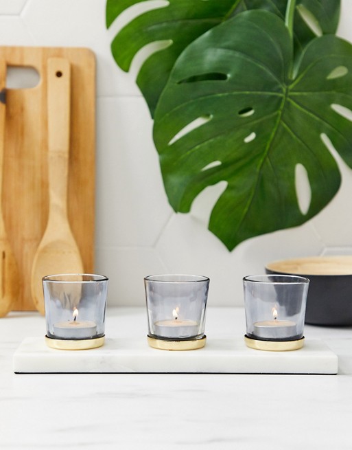 River Island grey glass candle votives on white marble base