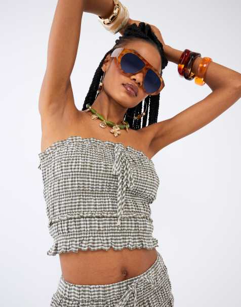 River Island - Grøn bandeau-top med rynker og gingham-tern - Del af sæt - view 1