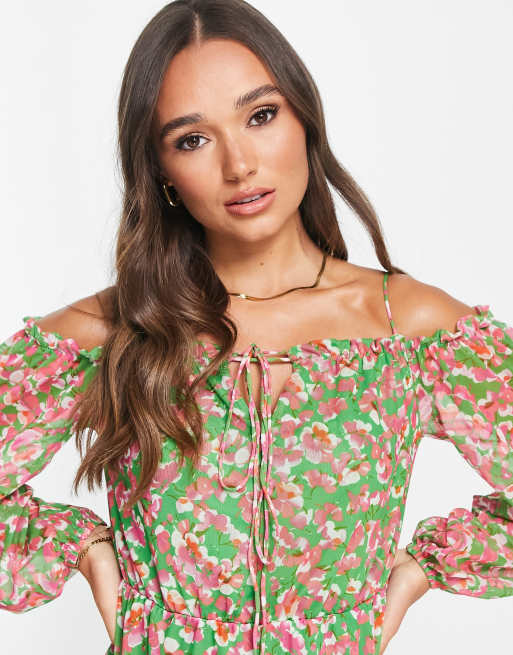 River Island - Grøn bardot-midikjole med blomstermønster, 3 af 4