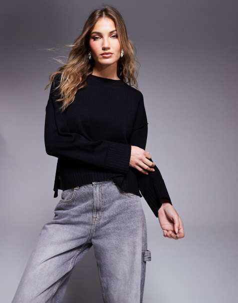 River Island - Grofgebreide cropped trui in zwart - view 1