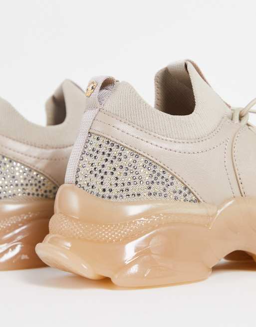 River Island - Grofgebreide sneakers met diamanten detail in beige, 2 van 4