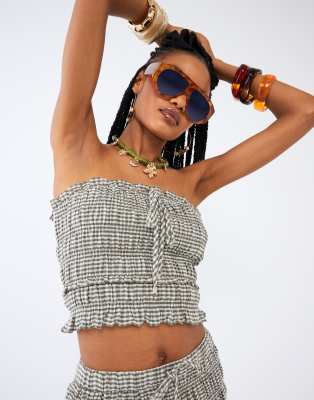 River Island – Grön, ginghamrutig bandeau-topp med rysch, del av set - view 1