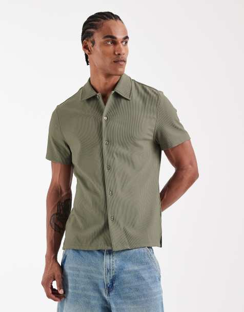 River Island – Grön, ribbad skjorta i muscle fit - view 1